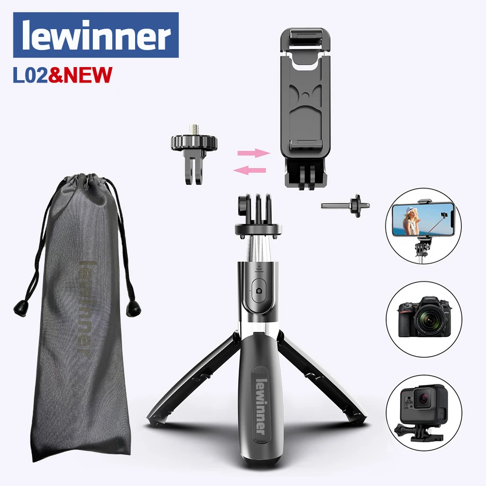 Lewinner L02 All In One Portable bluetooth Tripod Selfie Stick Monopod for Gopro 7 6 5 Sports Action camera 1/4 Screw View