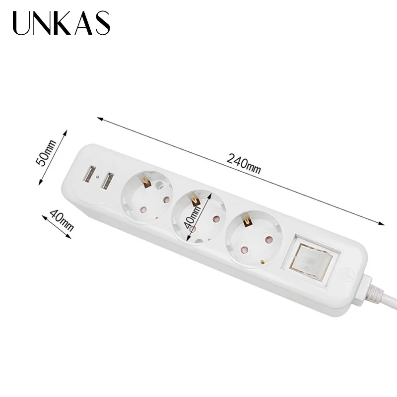 Сетевой блок UNKAS с двумя usb-портами для зарядки, 3 розетки переменного тока, штепсельная розетка европейского стандарта, удлинитель, кнопка питания, защита от перенапряжения, 2 м, провод из чистой меди