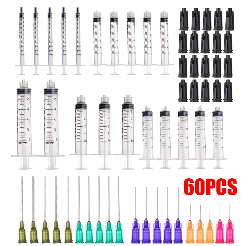 

60Pcs New 1/3/5/10/20ml Syringes With Blunt Tip Needles & Caps Industrial Use For Essential Oils Science Labs Crafts Inks