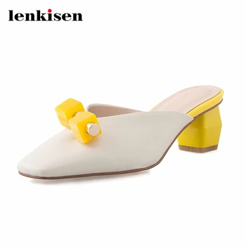 

Lenkisen 2020 mixed color gladiator real leather square toe med strange heel mules slip on daily wear convenient women pumps L51