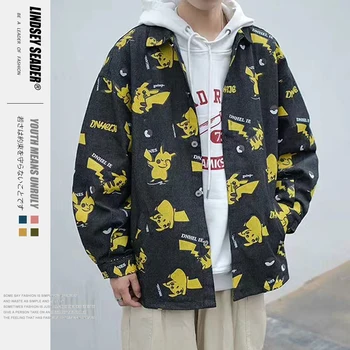 

Lindsey Seader Cartoon Pikachu Shirt Men Long Sleeve 2020 Spring Hiphop Abstract Tree Stripes Shirt Street Men's Shirts Male Top