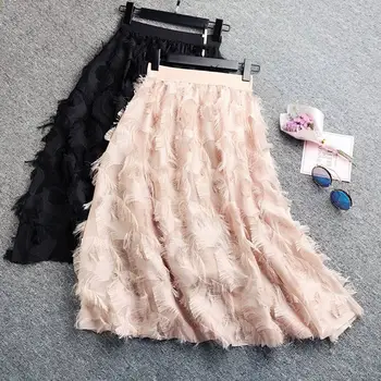 

Women Summer High Waist Chifon Maxi Skirt 2020 Elegant Ladies Feather Jacquard Skirts Fashion Tassel A Line Female Bottoms
