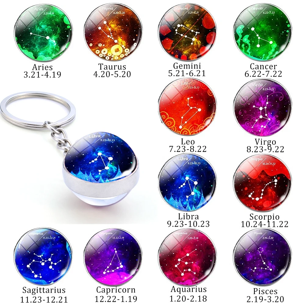 

Constellation Keychain Zodiac Signs Picture Glass Ball Key Chains Double Side Keyring Birthday Gift for Friends Dropshipping