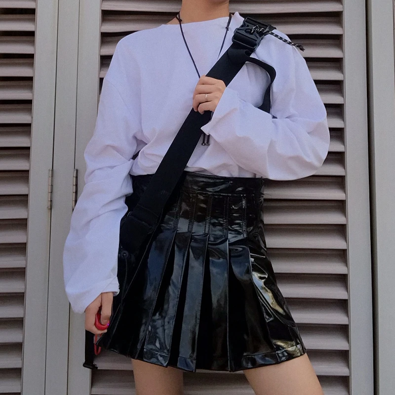 Cheerart Harajuku Pu зеленая плиссированная юбка женская кожаная блестящая мини-юбка с высокой талией Осенняя короткая Короткая юбка для скейтера уличная одежда