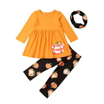 

Emmababy Fall Autumn Kids Child Girl Halloween Clothes set Pumpkin Dress Top Pants Trousers Festival Set Outfit
