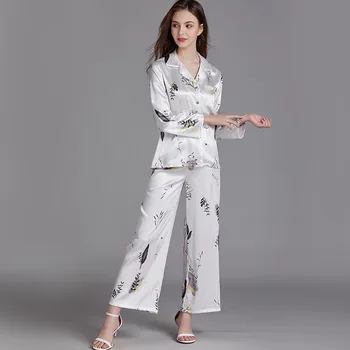 

Lady Print Pajamas Silky Intimate Lingerie Nightwear Casual Satin 2PCS Sleep Set Shirt&Pants Homewear Spring Summe New Robe Gown