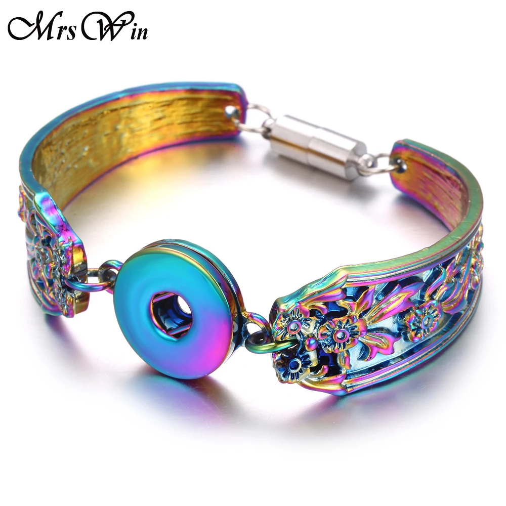New Colorful Snap Bracelet Bangle Fit 20mm 18mm Snap Buttons Jewelry Flower Carved