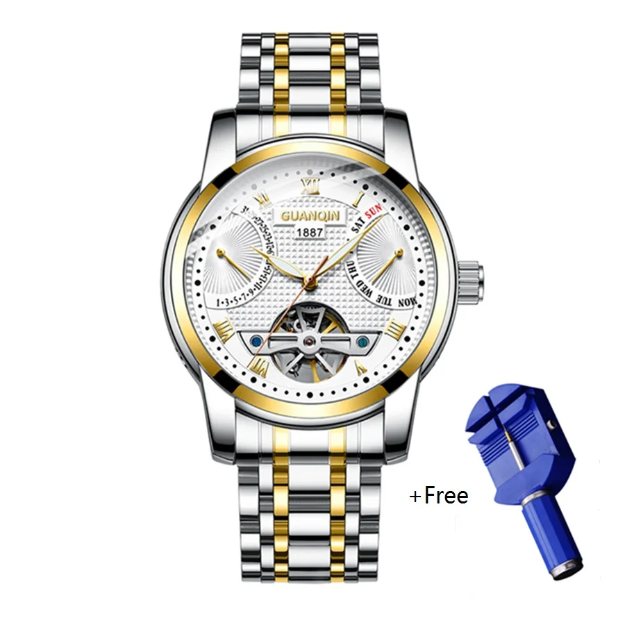 Оригинальные часы GUANQIN, мужские часы, механические, водонепроницаемые, автоматические, турбийон, деловые, стальные, мужские наручные часы, Relogio Masculino, новинка