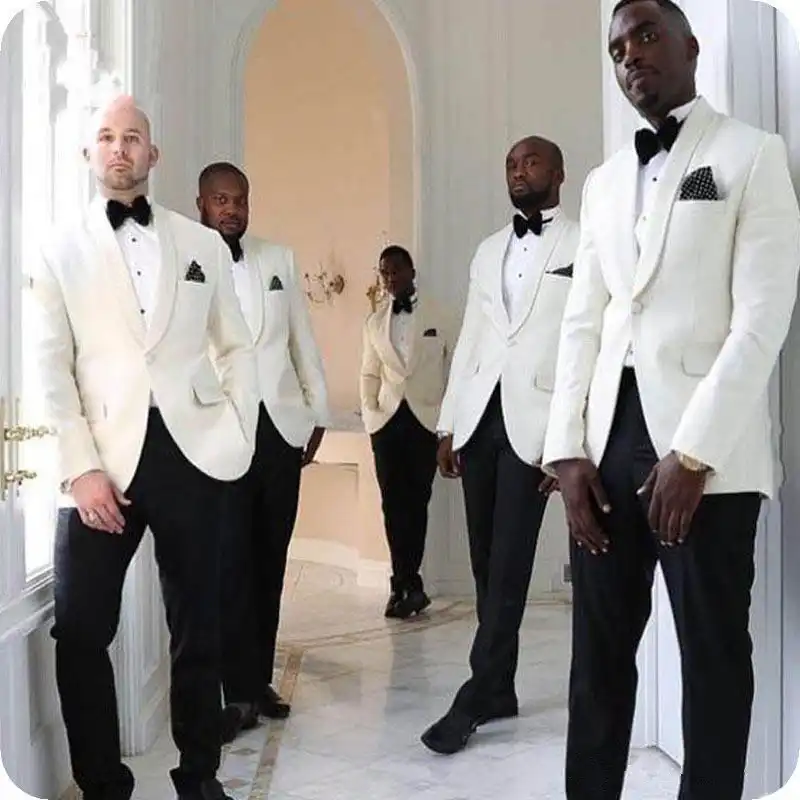 Botong 2 Pieces Shawl White Jacket Black Pants Men Suits Wedding Suits Groom Tuxedos At Amazon Men S Clothing Store