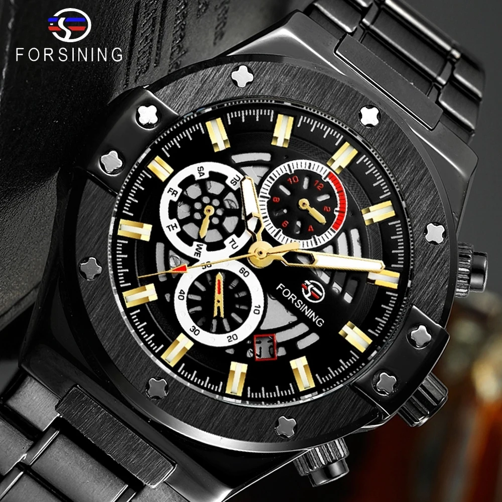 

Forsining Racing Men Mechanical Watch Automatic Students Game Run Calendar Male Glow Hands Black Stainless Steel Belt Mans Clock