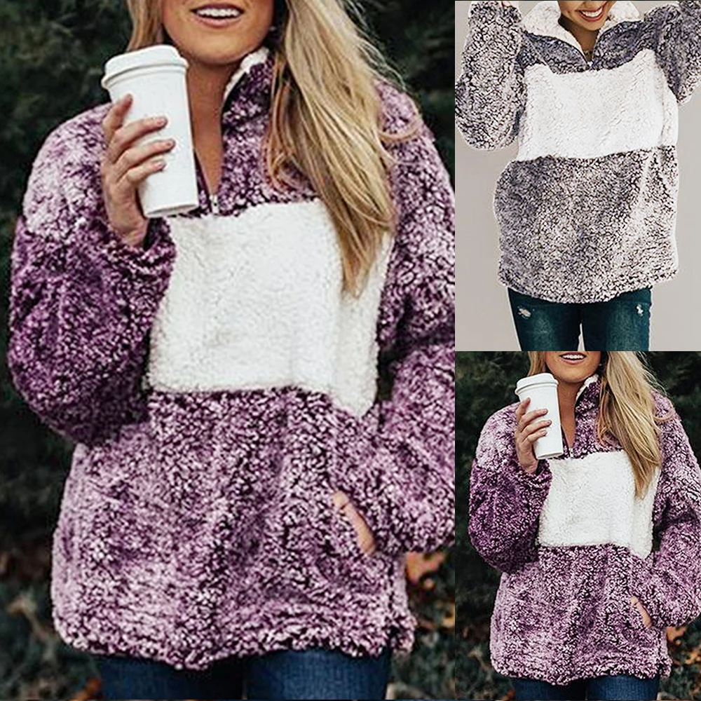 

2019 Winter Coat Women Faux Fur Hoodies Fashion Fur Coat Autumn Warm Patchwork Sweatshirts Female Zipper Plush Pullovers Tops
