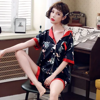 

Short Sleeve Satin Sleep Set Sexy Homewear Pyjamas Print Women 2pcs Pajamas Suit Nightwear Intimate Lingerie Sleepwear Nightgown