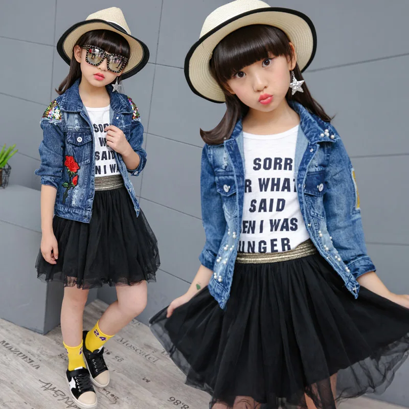 

2019 Spring New Style Korean-style Girls Big Boy Fashion Embroidered Rose Beads Jeans Coat a Generation of Fat