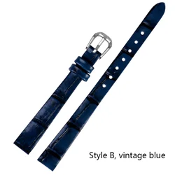 Elegant Red Genuine Leather Thin Watch Strap for Women - Fashionable Mini Band in Small Sizes (Vintage blue - silver)
