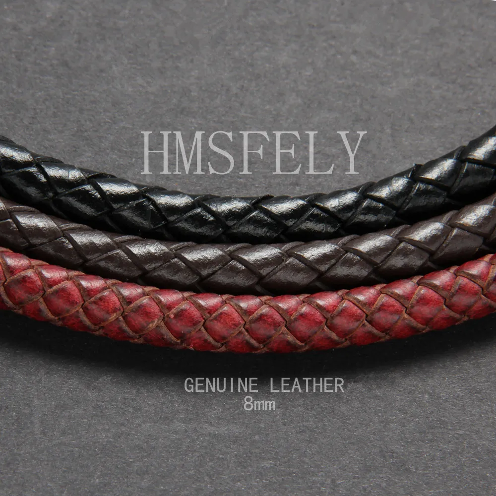 

HMSFELY Red Black Braided Leather Cord Findings Bracelets Accessories 8mm Genuine Leather Rope For DIY Bracelet Jewelry Making