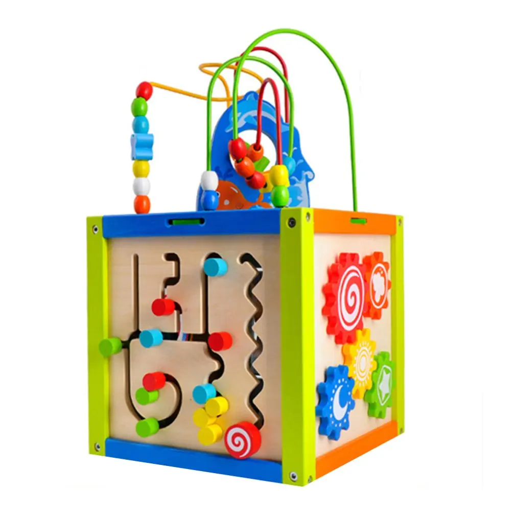 

Wooden Children'S Educational Multi-Function Large Iron Wire Around The Six-Sided Treasure Box Teaches Beaded Toys