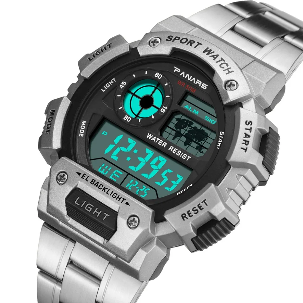 Роскошные модные мужские часы PANARS, цифровые военные спортивные водонепроницаемые наручные часы со стальным ремешком, светящиеся электронные часы A40