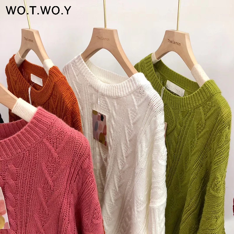 WOTWOY осенний вязаный белый свитер для женщин повседневные тонкие женские пуловеры с круглым вырезом крест-накрест корейский стиль Женские топы