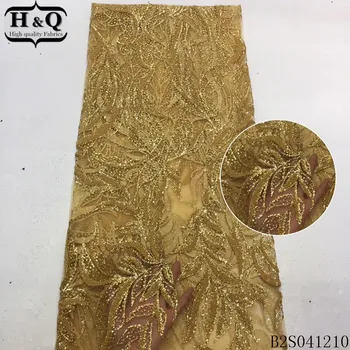 

H&Q yellow african heavy beaded lace fabric wedding 2020 high quality embroidered with beads french net laces fabrics for sewing