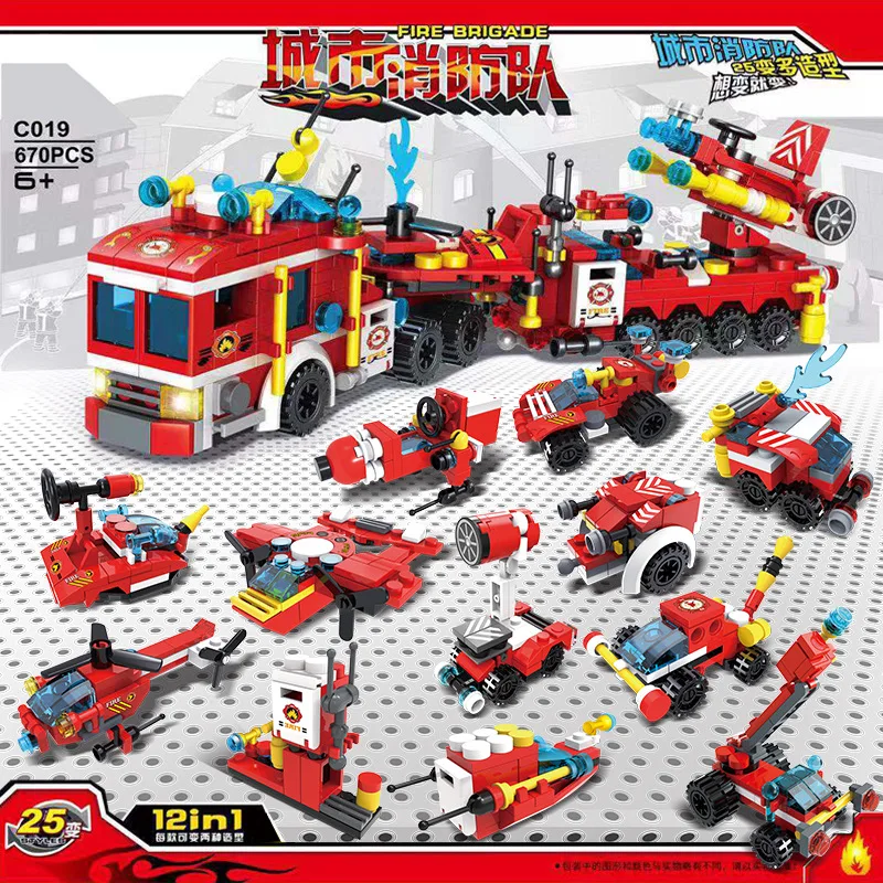 

670pc 12in1 LegoTtechnic City Fire Fighting Trucks Building Blocks City Engine Helicopter Model Bricks Kit Toys For Children Toy