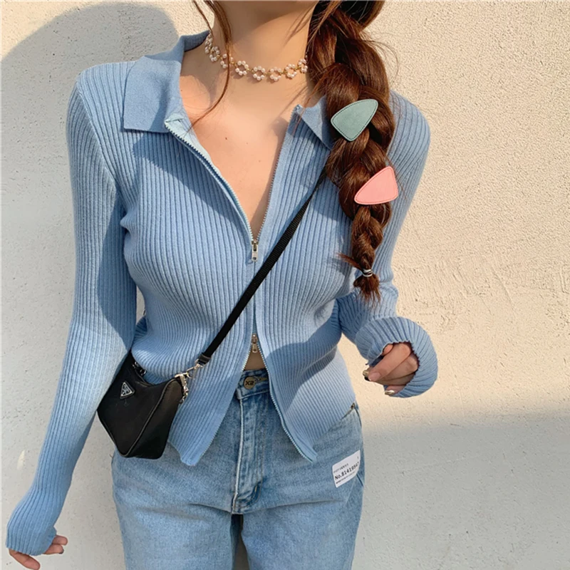 

Zipper Turn-down Collar Sweater Women Solid Slim Autumn Winter Clothes 2020 Sueter Mujer Basic Fashion Pullovers Pull Femme