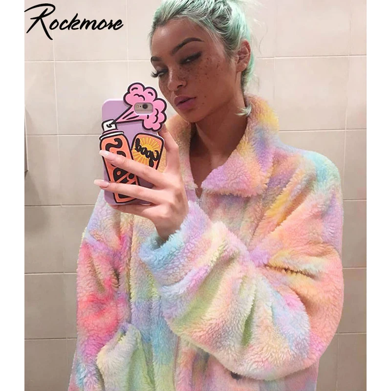 

Rockmore Oversized Colorful Rainbow Fluzzy Outwear Zipper Coats Women Pockets Femme Lazzy Jackets Plus Size Streetwear Autumn
