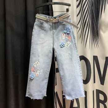

Loose Jeans Woman Spring Summer Personality Stickers Frayed Straight Wide Leg Denim Pants Furry Ripped Jeans for Women Village