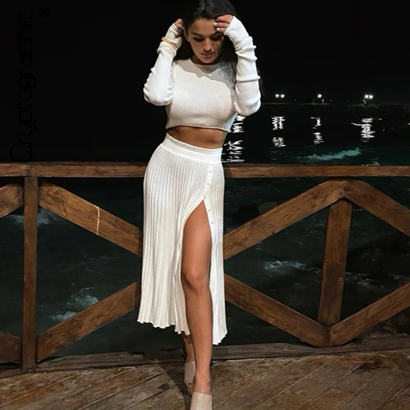 

Solid Sexy Knit Sweater Cropped Top Midi Skirt Two Piece Set Women Matching Set Outfits Button Up Split Skirts Winter