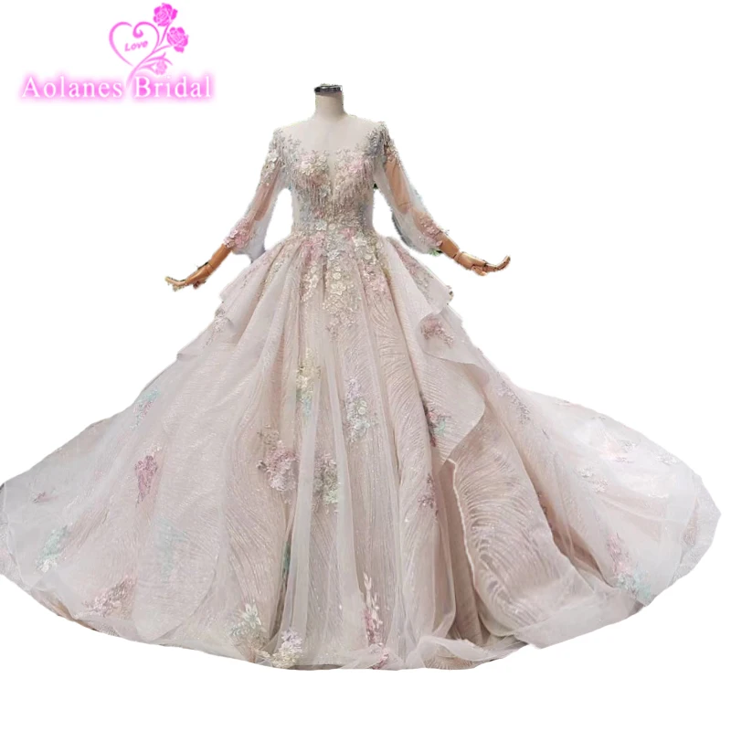 Роскошное Бальное Платье Vestidos De Noiva, свадебные платья с длинным рукавом, кружевные свадебные платья, розовые 3d цветы, платье невесты, Gelinlik Boda