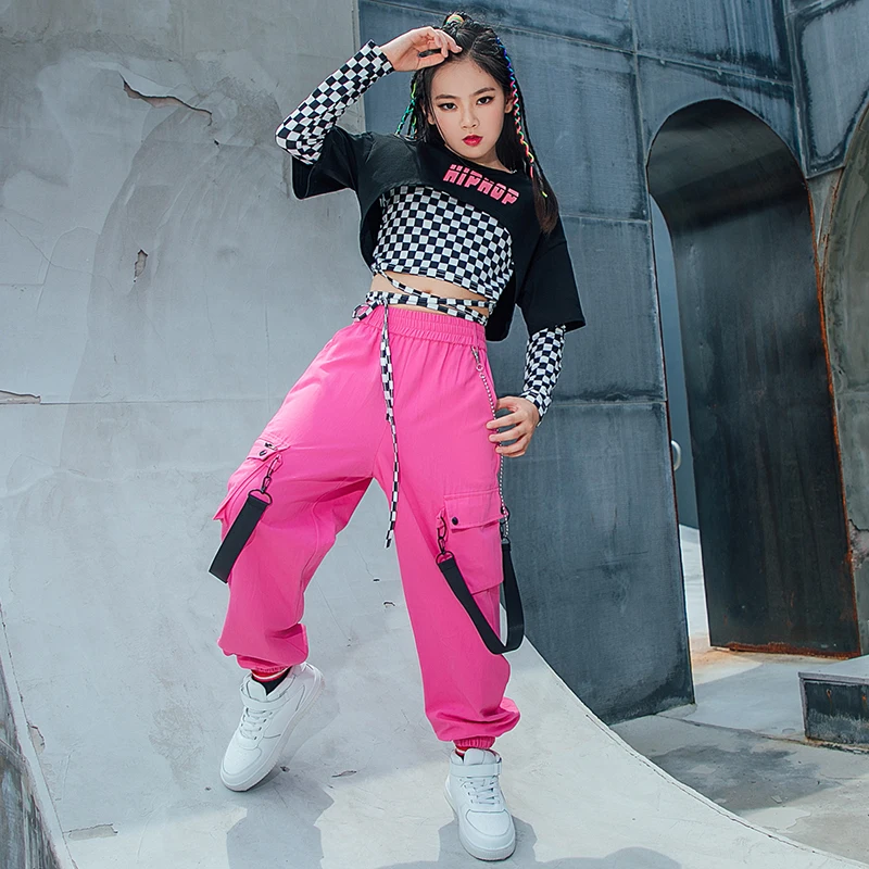 Children Hip Hop Dance Clothes Lattice Tops For Girls Casual Cargo Pants Jazz Performance Rave Wear Street Dance Costume BL7097