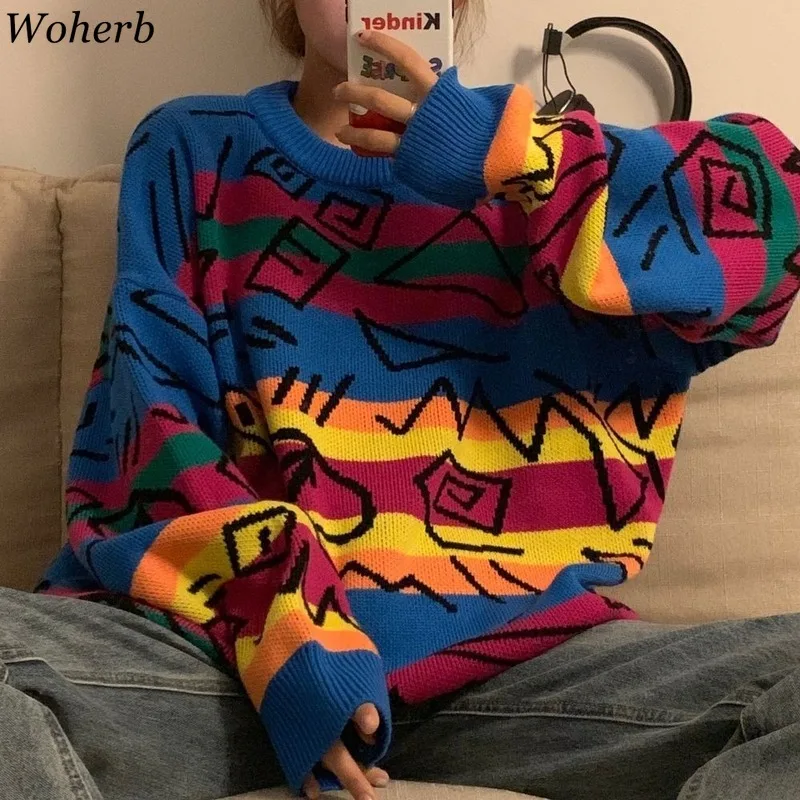 Woherb, радужные полосатые пуловеры, Harajuku, граффити, с буквенным принтом, свитер, женский, Ретро стиль, Повседневный, свободный, контрастный, джемперы, топы, корейский стиль