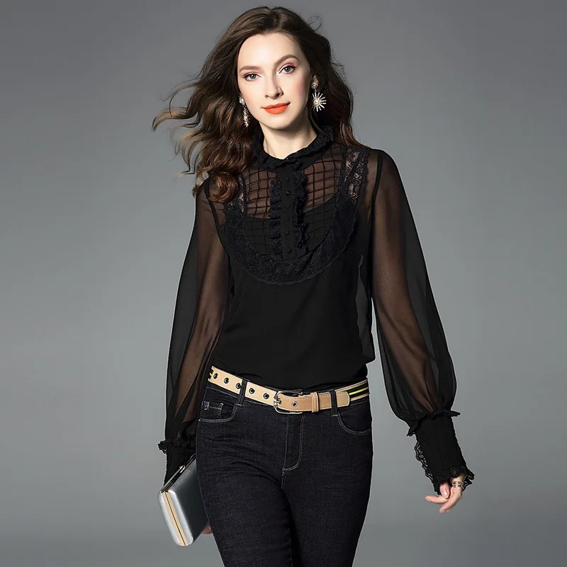 black chiffon lace floral silk shirts for women high quality long sleeve plus size casual sexy office dress blouse dropshipping black chiffon lace floral silk shirts for women high quality long sleeve plus size casual sexy office dress blouse dropshipping