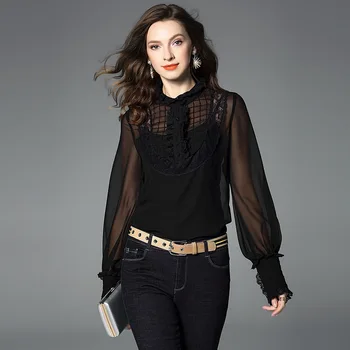 

black chiffon lace floral silk shirts for women high quality long sleeve plus size casual sexy office dress blouse dropshipping