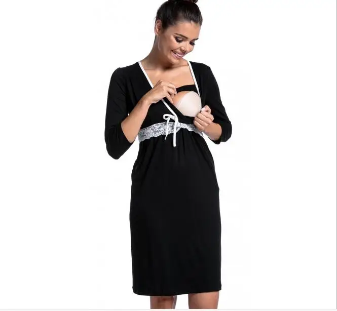 Летнее модное кружевное осеннее женское платье для беременных пеньюар однотонный ночное белье для кормления грудью