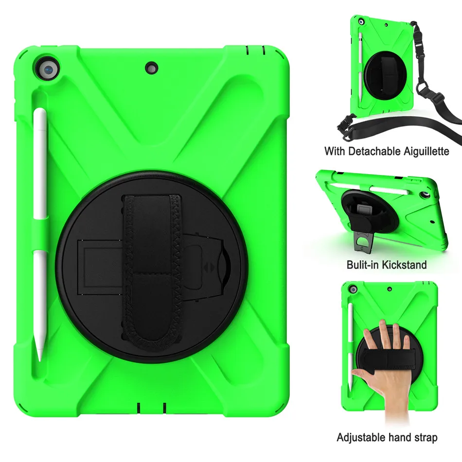 Case For New iPad 10.2 Pencil Holder Cover For iPad 10.2 7th Generation A2197 Kids Safe Shockproof Armor cover+Glass+Pen - Color: Green