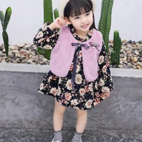 Winter Kids Girl Clothes Rabbit Fur Vest Floral Skirt Two-Piece Set Of Toddler Outfits Dress Vest Suit Christmas Girls Outf