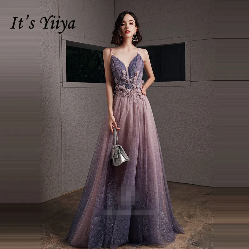 

It's Yiiya Evening Dresses Purple Pink Gradient Evening Dress Elegant Sling Long Party Gowns 2020 Appliques robe de soiree LF037