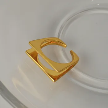

S925 Sterling Silver Korean Simple Ring Female Ins Normcore Style Open Double-Layer Geometric Square Index Finger Ring