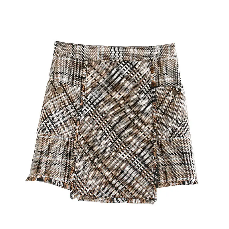 Twill Tweed юбки женские винтажные решетки Tassles мини юбка высокая талия A-Line Saia faldas европейская уличная одежда