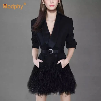

2019 Winter New Black Suit Dress Sexy Women's Long Sleeve Feather Belt Slim Fit Dress Dress Celebrity Evening Party Vestidos