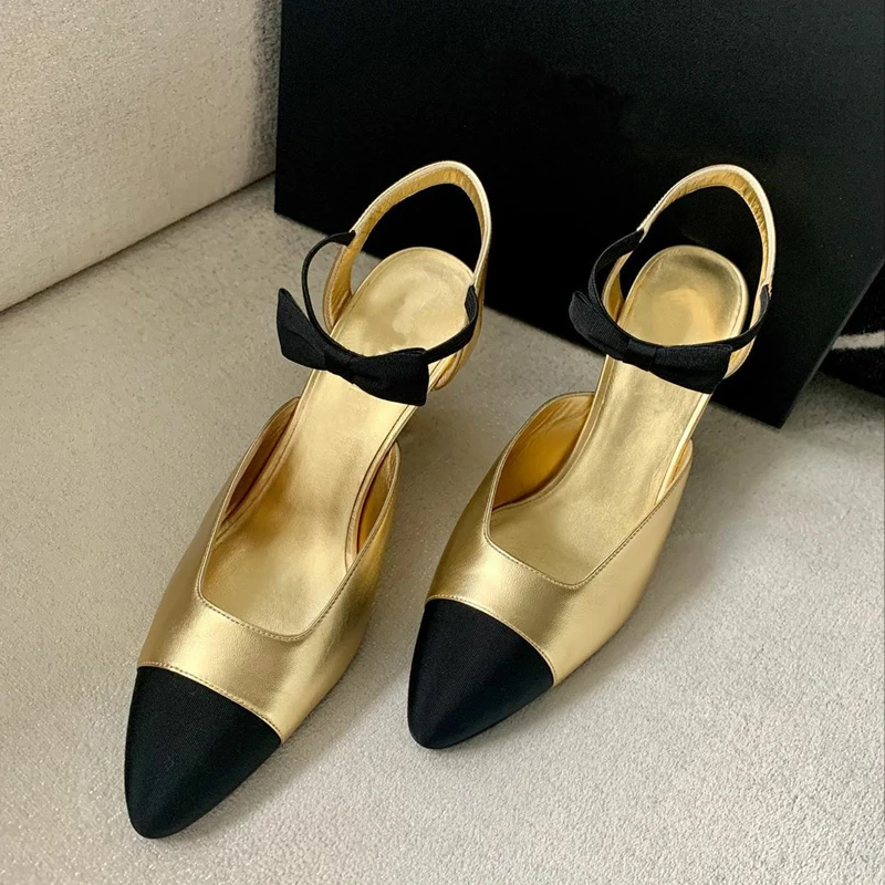 Fashion Golden High Heels 2021 Summer Women's Bowknot Black Heeled Sandals Baotou Color Matching Leather Mary Jane Shoes | Обувь
