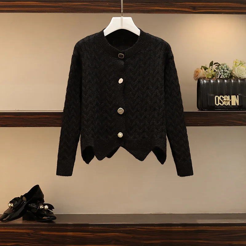 Sweater Осенне-зимний комплект из двух предметов размера плюс, повседневный однобортный Топ с круглым вырезом и поясом+ юбка с эластичной резинкой на талии, Модный комплект из 2 предметов - Цвет: Sweater