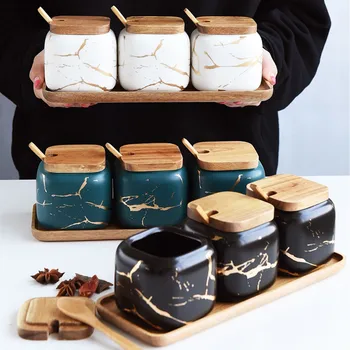 

Creative Nordic Marble Pattern Ceramic Kitchen Seasoning Tank Set Salt Shaker Spice Jar with Wooden Cover Kitchen Accessories