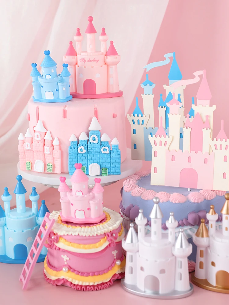 

Happy Birthday Decoration Princess Prince Castle Dessert Dress Pink Blue Baking Cupcake Cake Toppers Cake Flags Pary Supplies