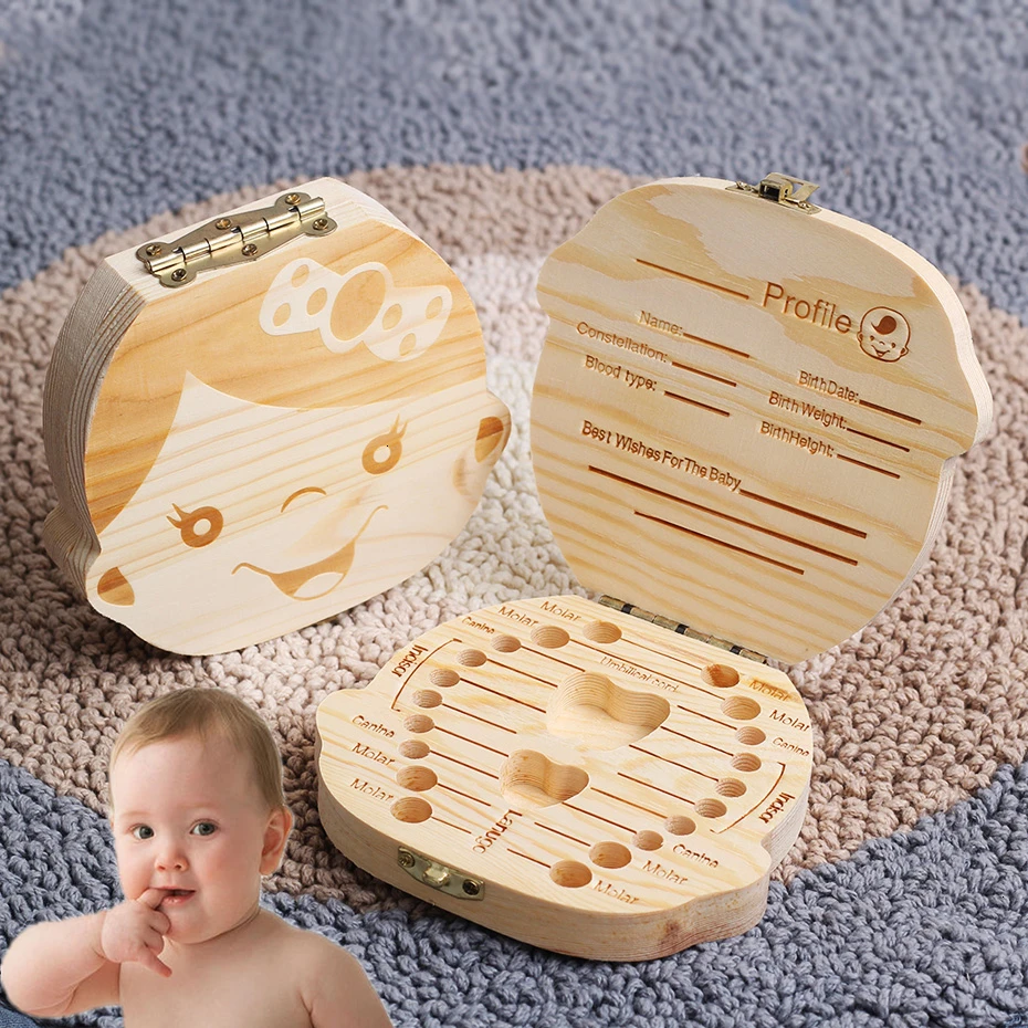 

Wooden Baby Kids Tooth Storage Box English/Spanish/French/Russian/Italian Teeth Umbilical Lanugo Organizer Gifts Keepsakes Save