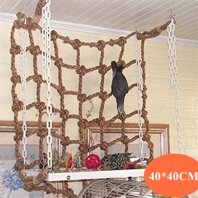 40 * 40cm Red de escalada para loros, juguete para pájaros, cuerda para columpiar, red, soporte para pájaros, hamaca de red con gancho para colgar pájaros, juguetes para masticar y morder