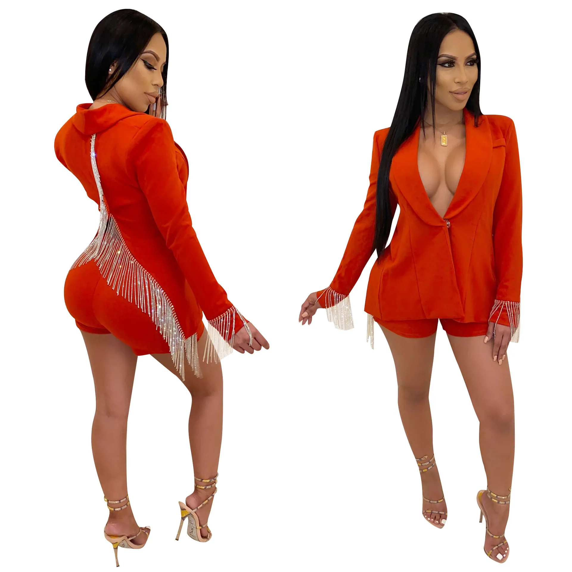 Echoine Autumn blazer set Two Piece Set Tassel Back Split Blazer Jacket Women V-neck women suits Sexy Club Shorts Matching Set - Цвет: two piece set