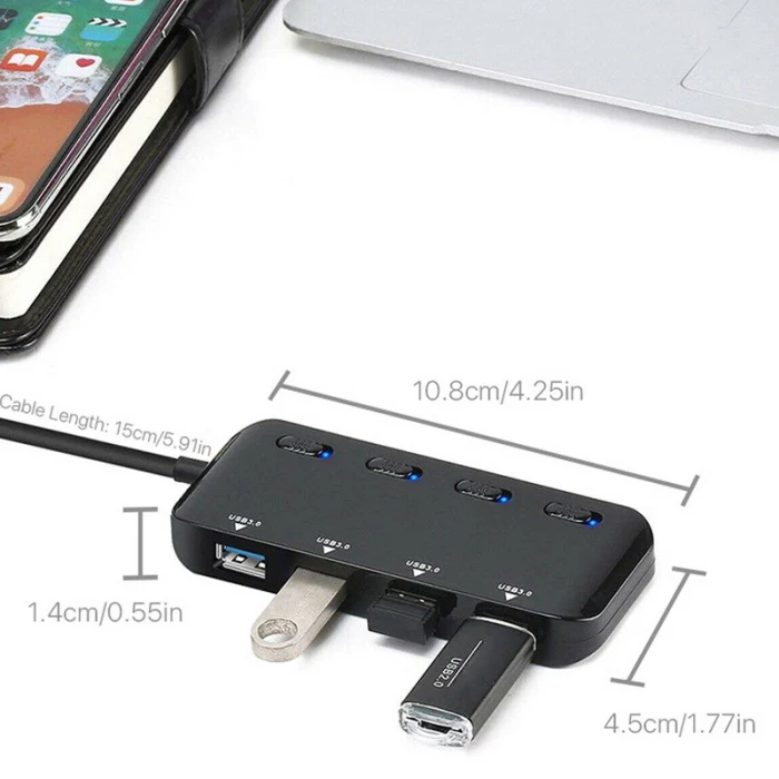 USB 3,0 концентратор сплиттер удлинитель 4 порта USB концентратор данных с индивидуальный переключатель светодиодный свет OUJ99