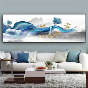 

Modern Abstract Blue Landscape Line Bird Art Canvas Paintings Wall Art Pictures for Living Room Decor (No Frame)