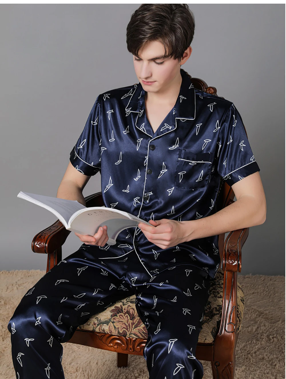 pajama joggers Summer Thin Men Pajama Sets Fashion Print Ice Silk Pajamas Plus Size Men's Sets Casual Sleepwear Pijama+Long Pants Pyjama Sets cotton pajamas for men